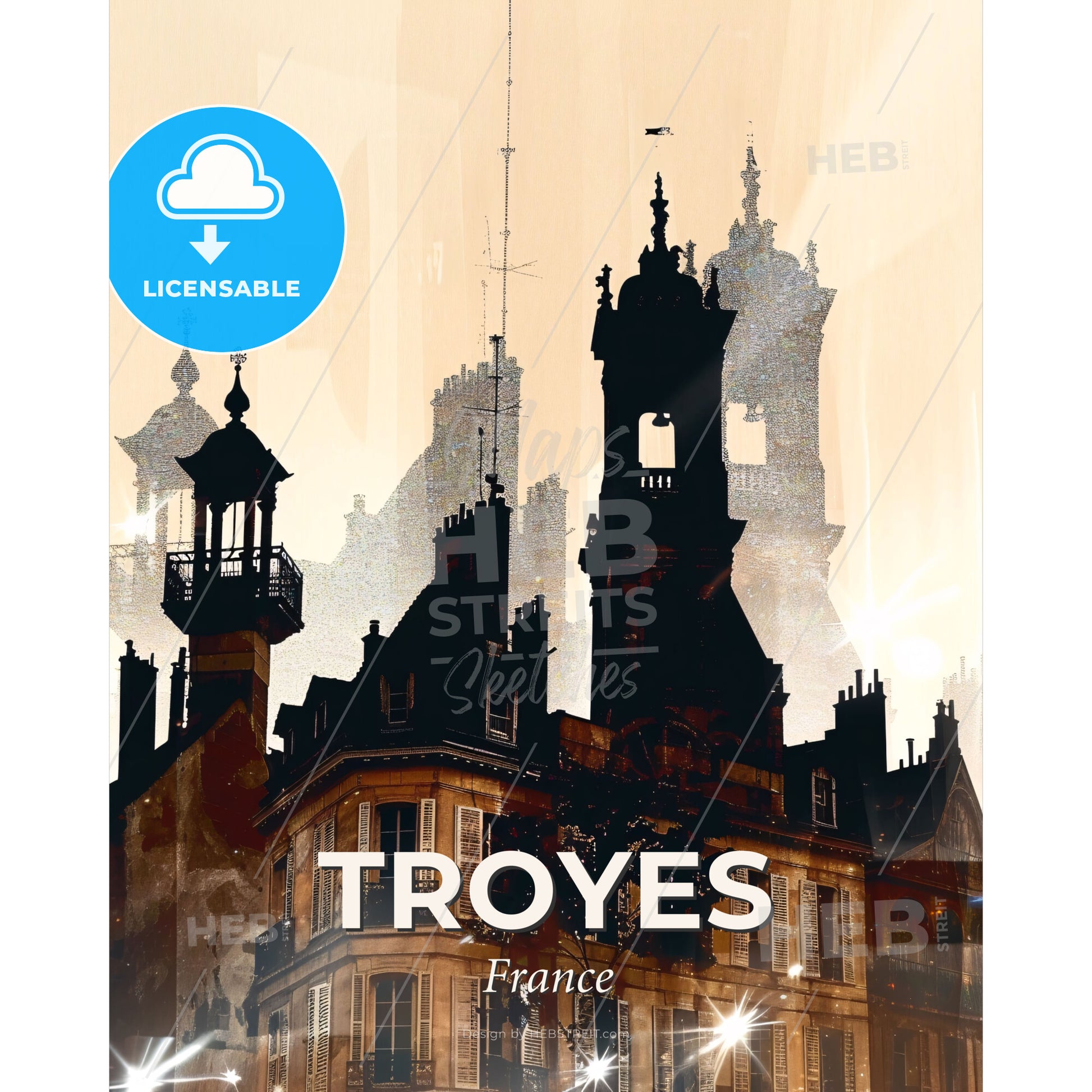 Troyes Skyline Double Exposure Composite Art Poster - A building with towers and windows - Square format print template