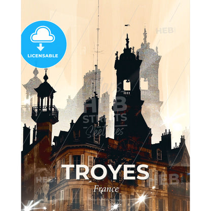 Troyes Skyline Double Exposure Composite Art Poster - A building with towers and windows - Square format print template