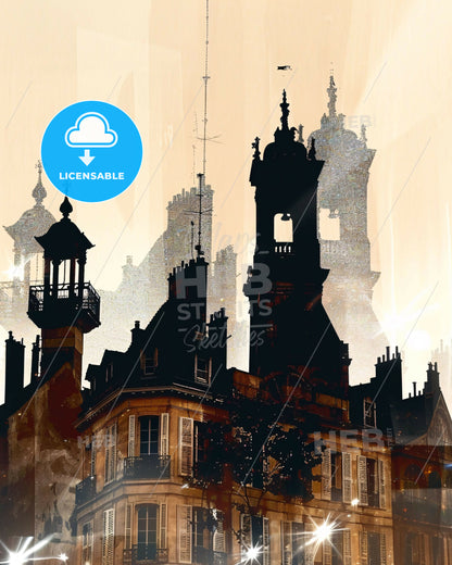 Troyes Skyline Double Exposure Composite Art Poster - A building with towers and windows