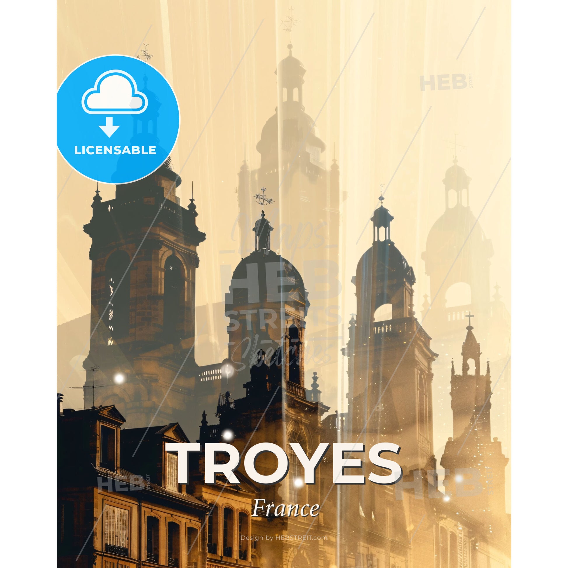 Troyes City Skyline Double Exposure Night Sky Poster - A building with towers and towers - Square format print template