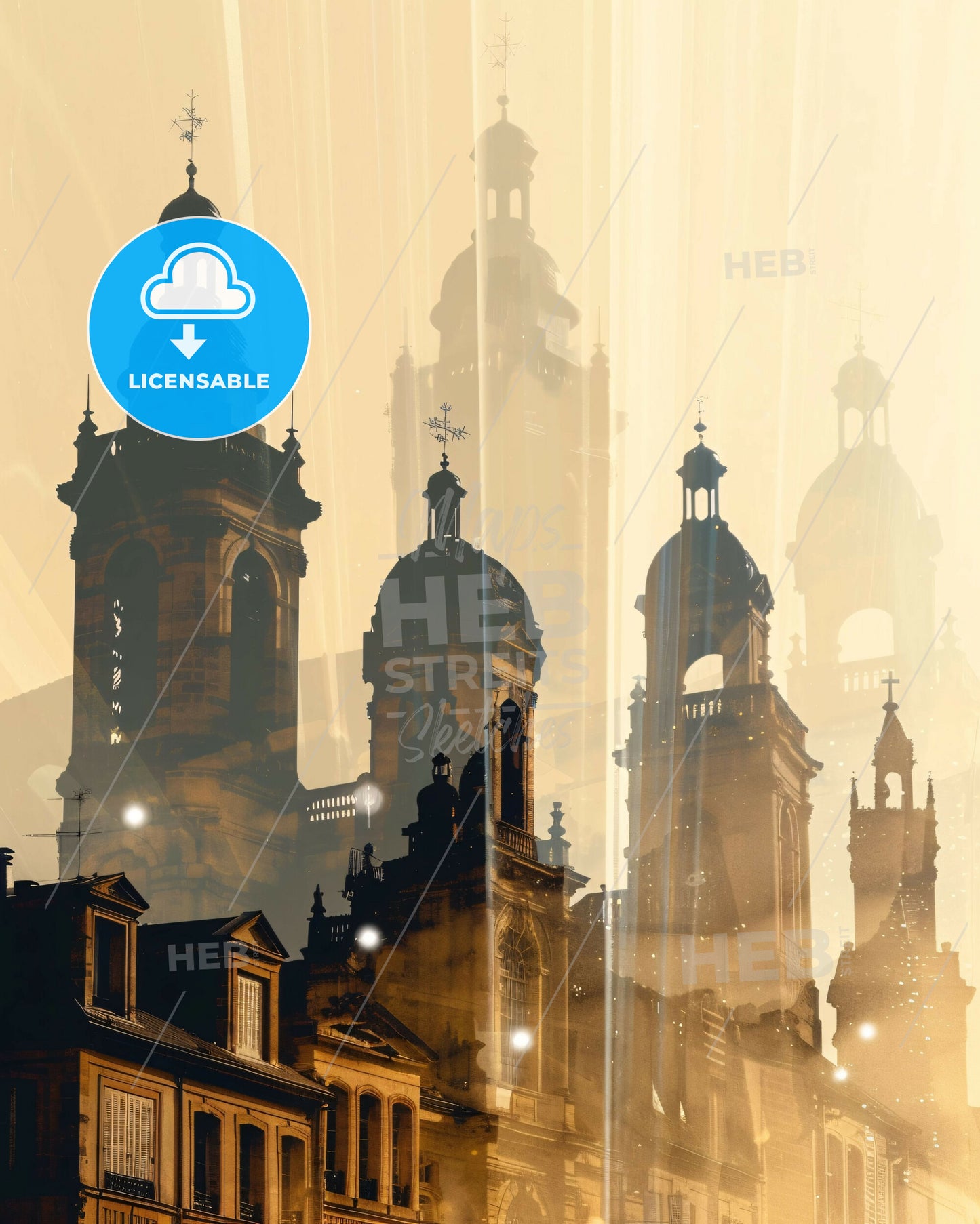 Troyes City Skyline Double Exposure Night Sky Poster - A building with towers and towers