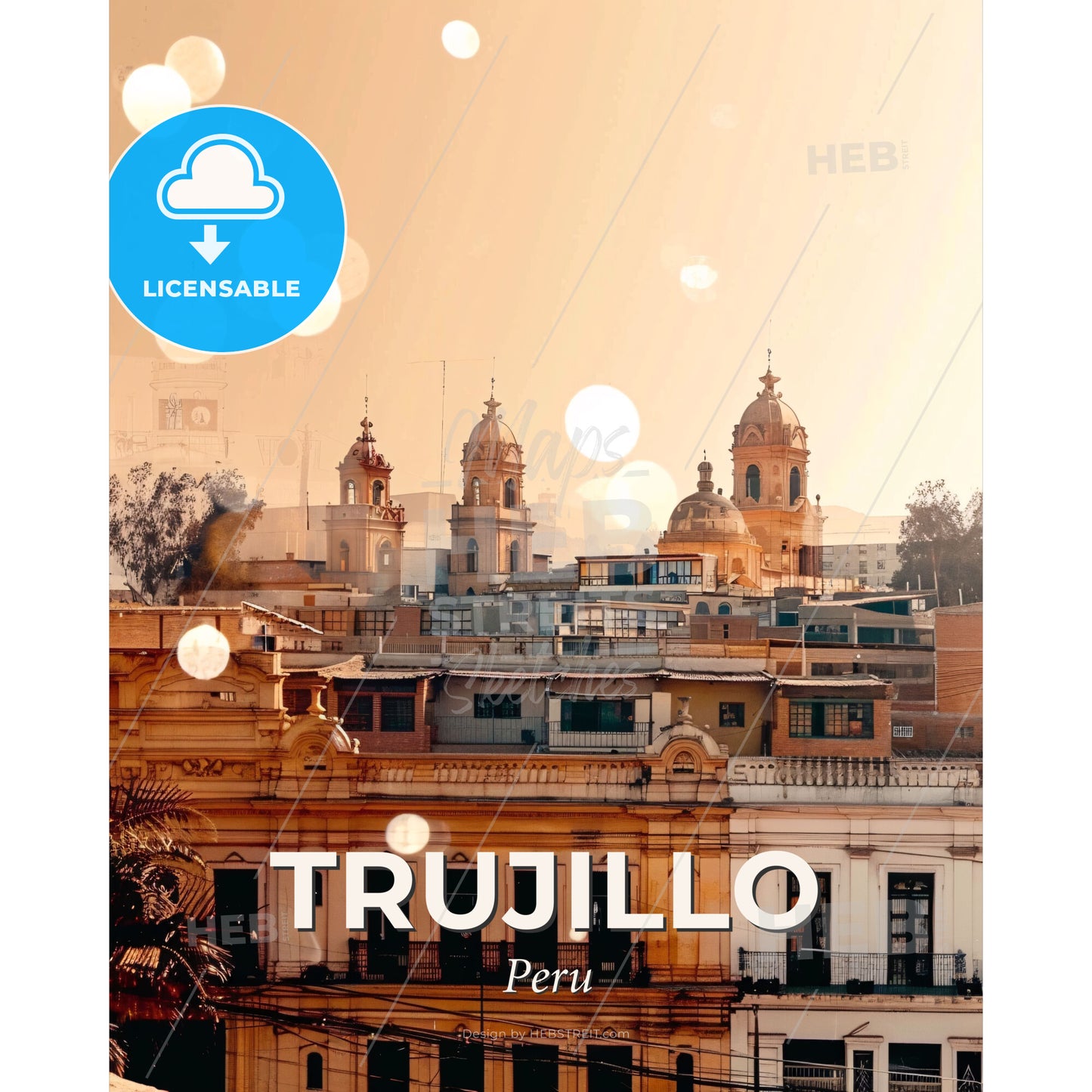 Trujillo City Icons Illuminated Poster - A city with many buildings - Square format print template