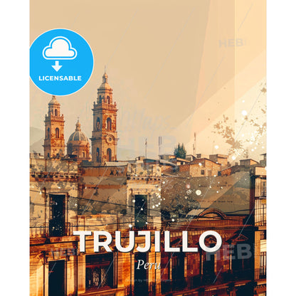 Trujillo Skyline Double Exposure Composite Art - A building with towers and a mountain in the background - Square format print template