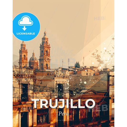 Trujillo Skyline Double Exposure Composite Art - A building with towers and a mountain in the background - Square format print template