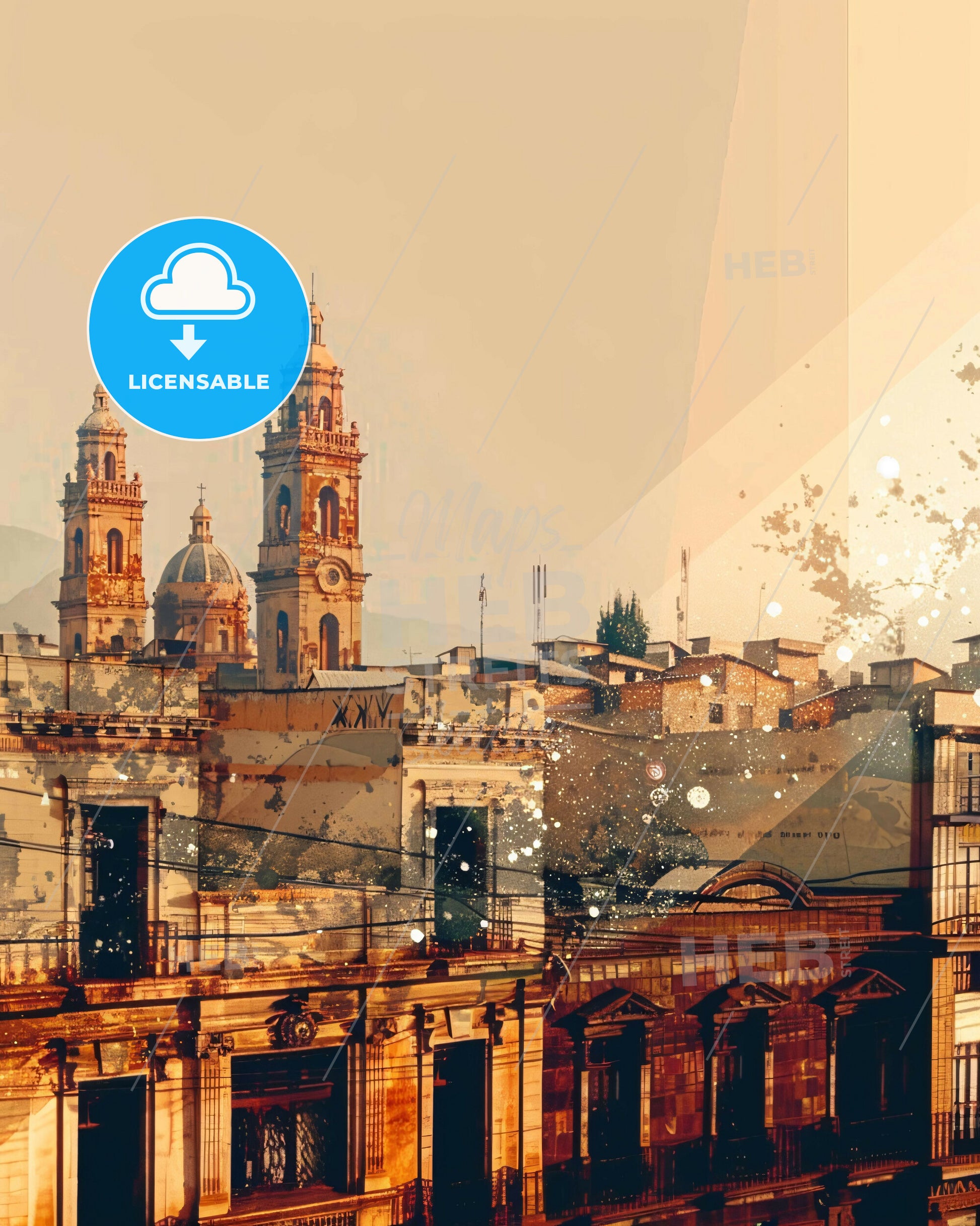 Trujillo Skyline Double Exposure Composite Art - A building with towers and a mountain in the background