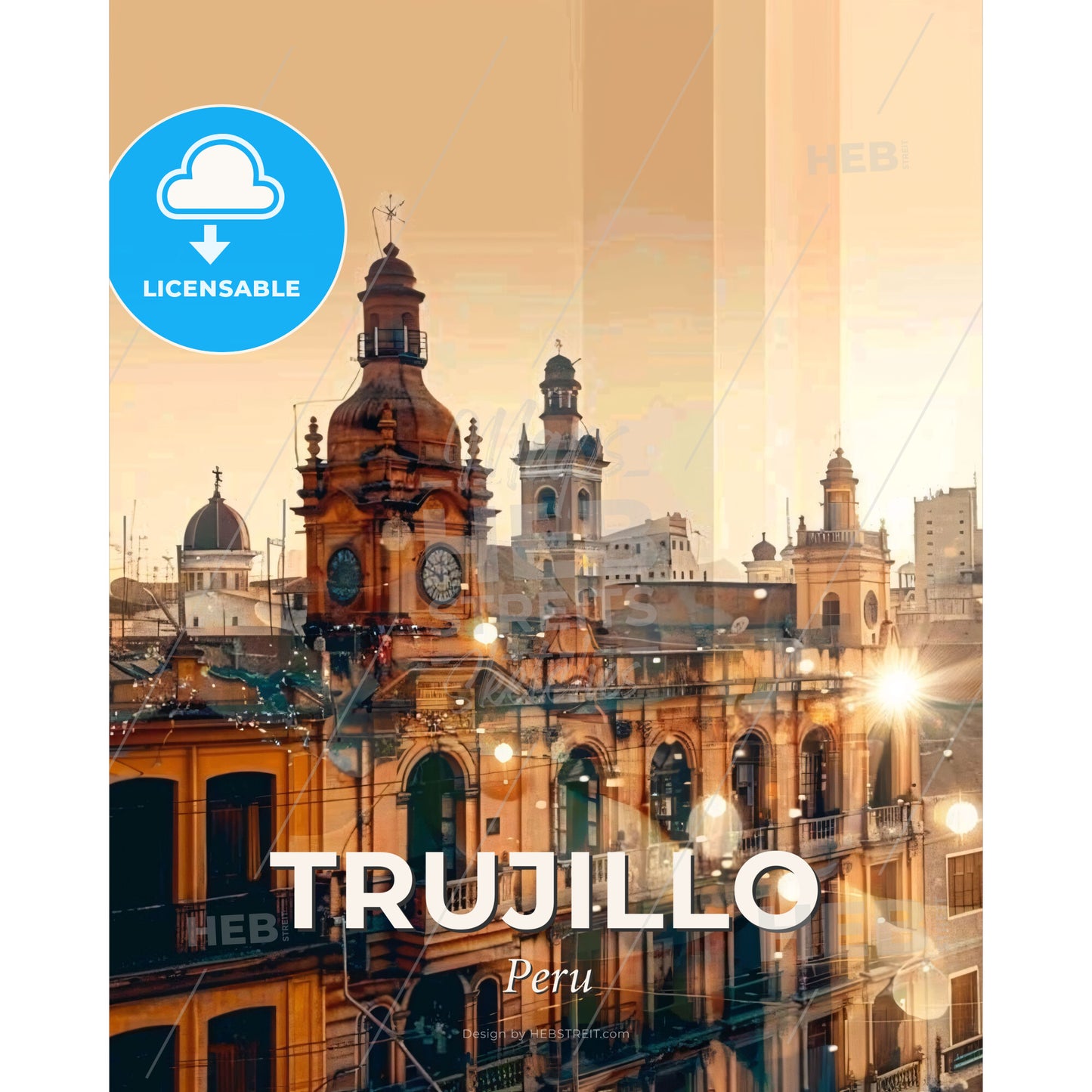 Trujillo - City Skyline in Artful Double Exposure - A building with a clock tower and a clock on top - Square format print template