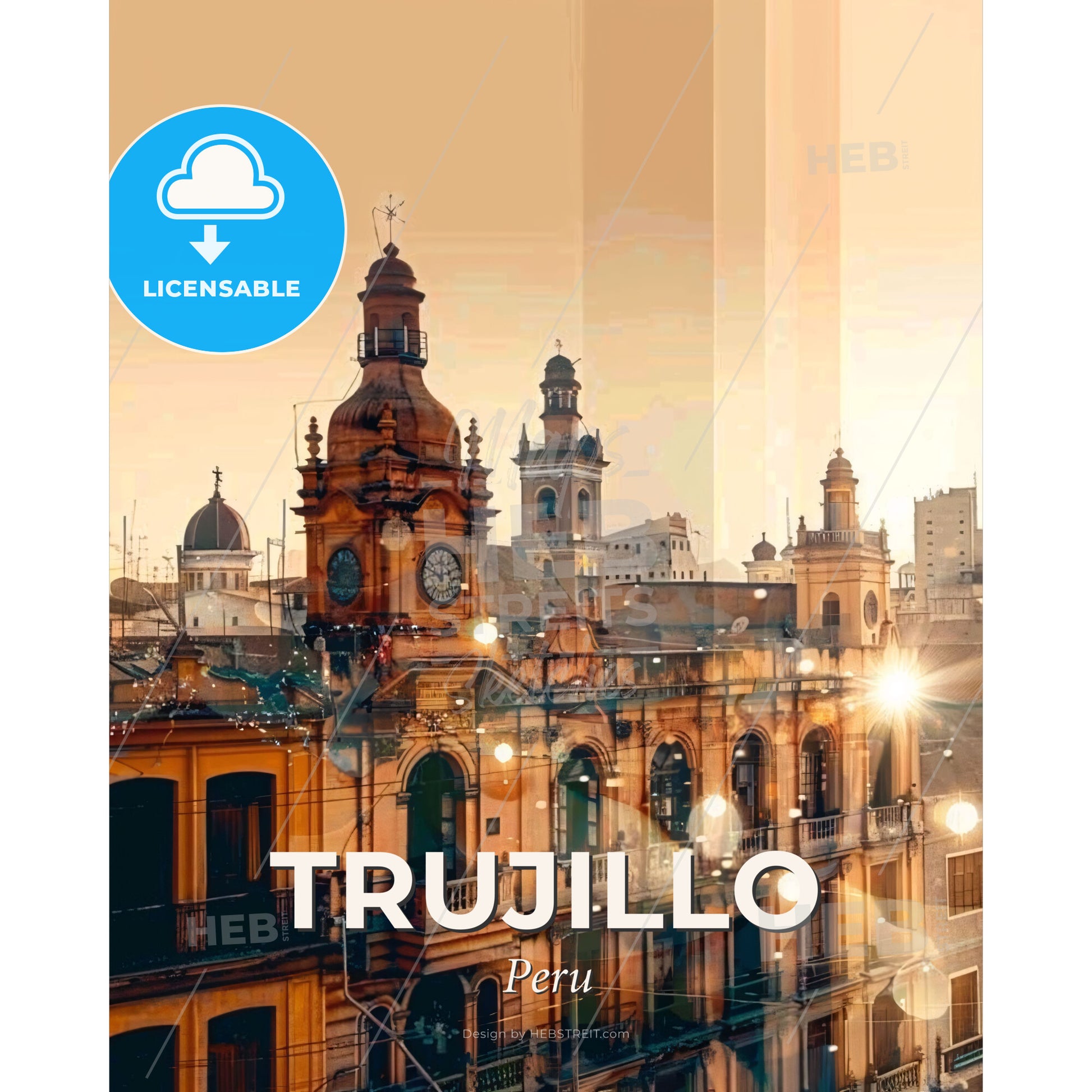 Trujillo - City Skyline in Artful Double Exposure - A building with a clock tower and a clock on top - Square format print template