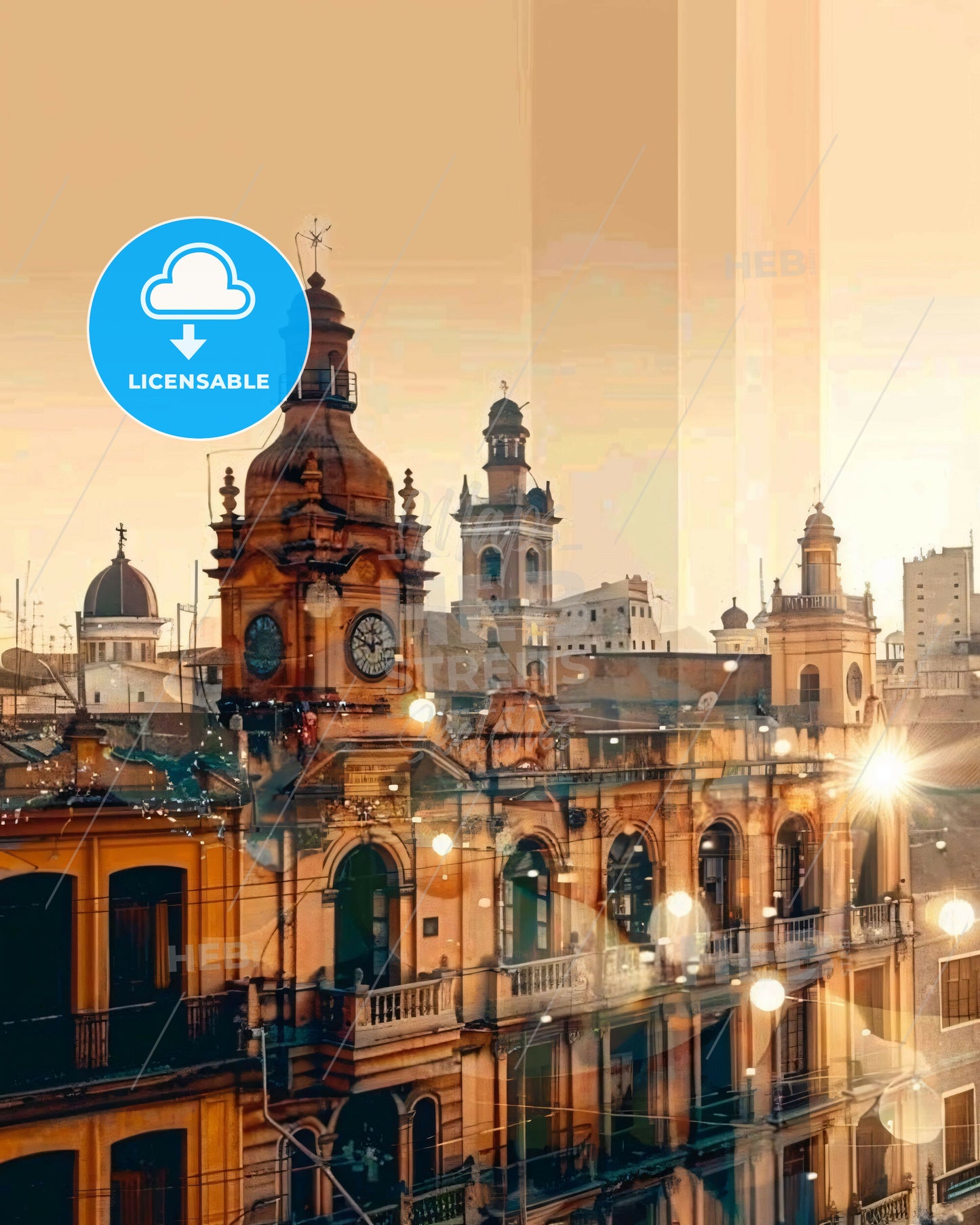 Trujillo - City Skyline in Artful Double Exposure - A building with a clock tower and a clock on top