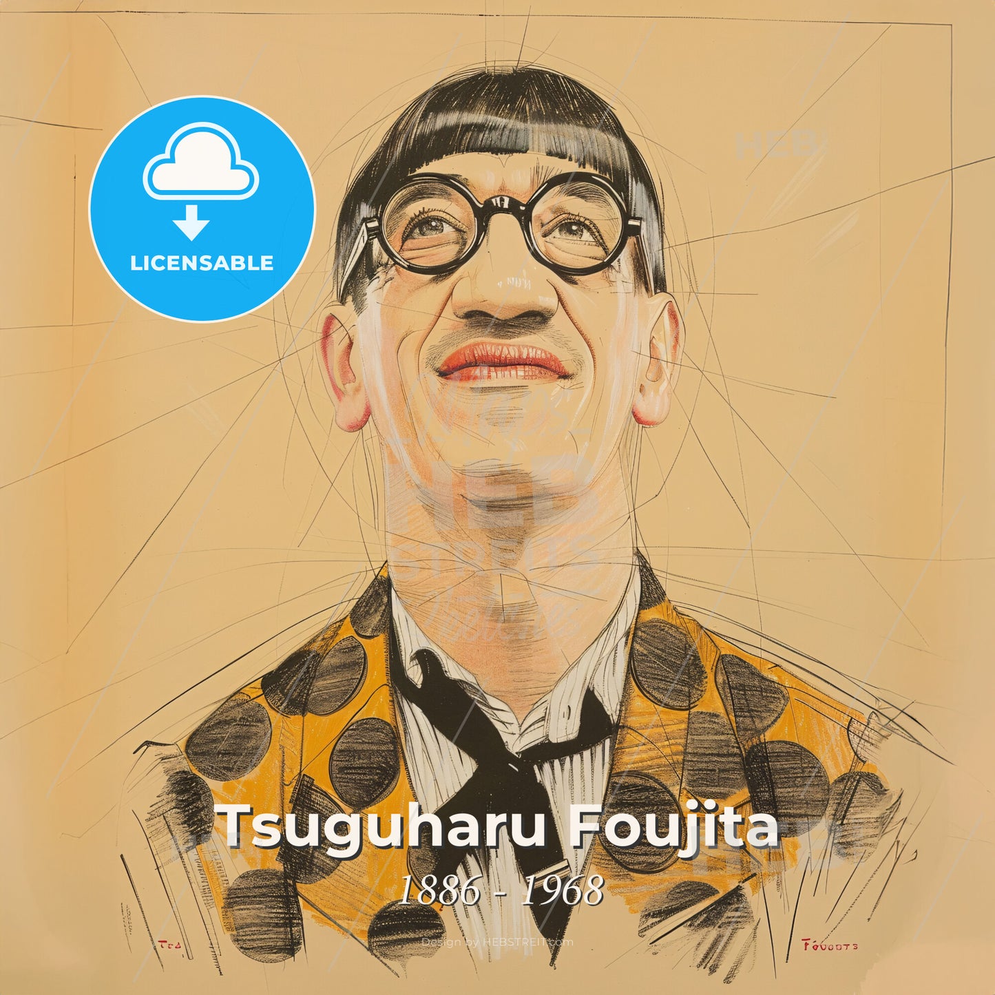 Tsuguharu Foujita, 1886 - 1968, Japanese-French painter - A Man With Glasses And A Bow Tie Print Template