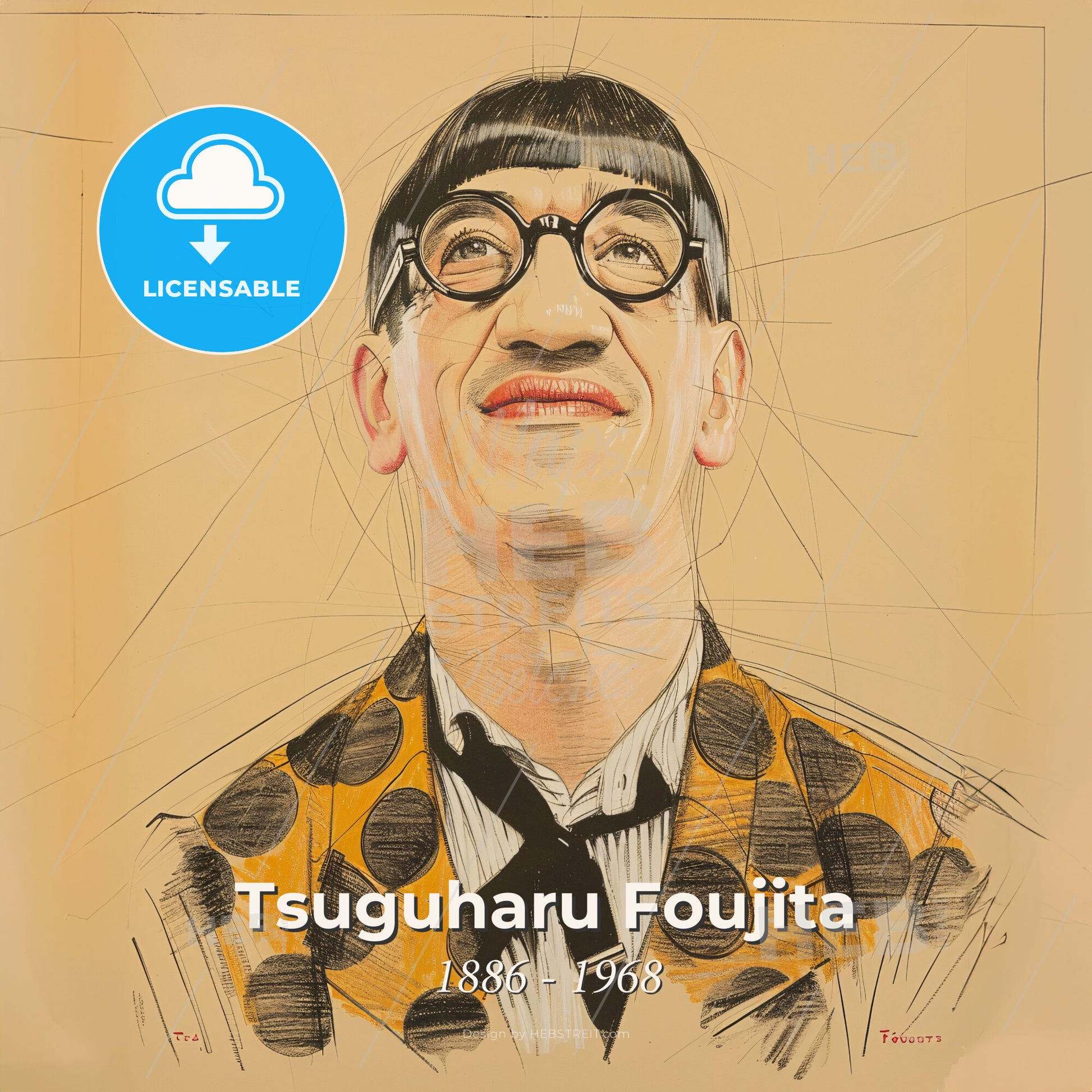 Tsuguharu Foujita, 1886 - 1968, Japanese-French painter - A Man With Glasses And A Bow Tie Print Template