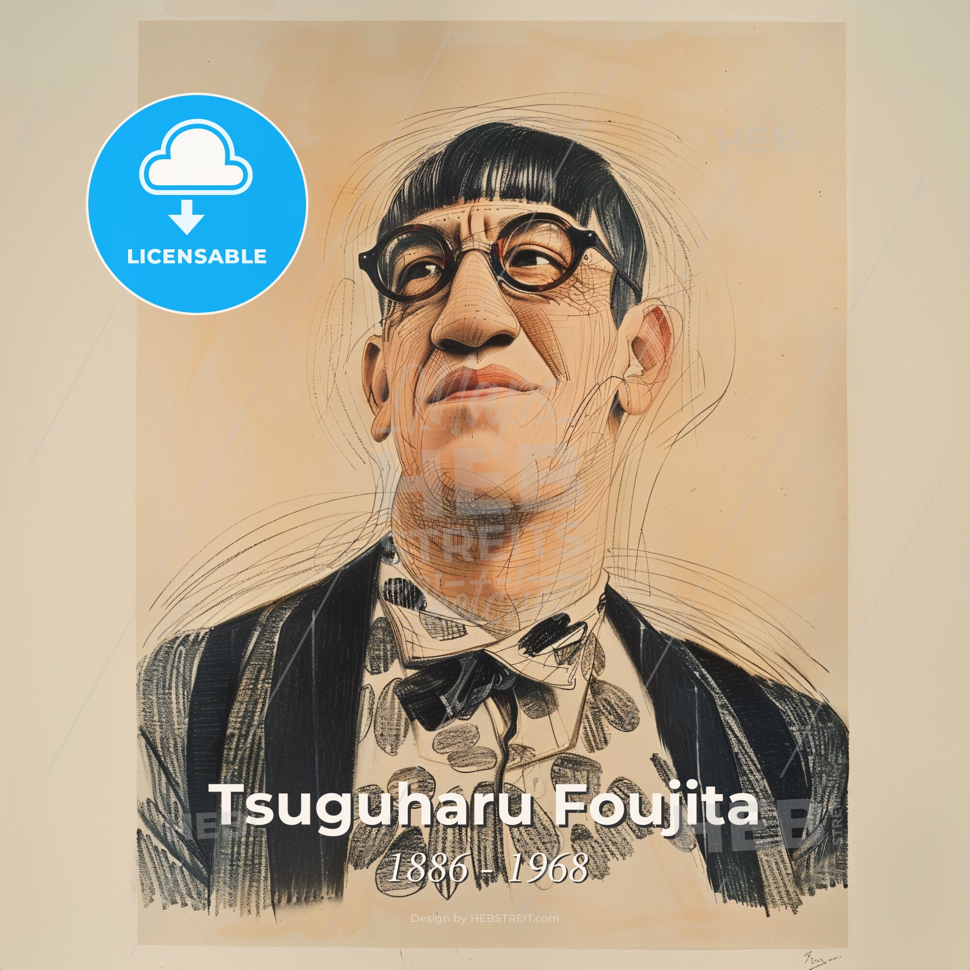 Tsuguharu Foujita, 1886 - 1968, Japanese-French painter - A Drawing Of A Man Wearing Glasses Print Template