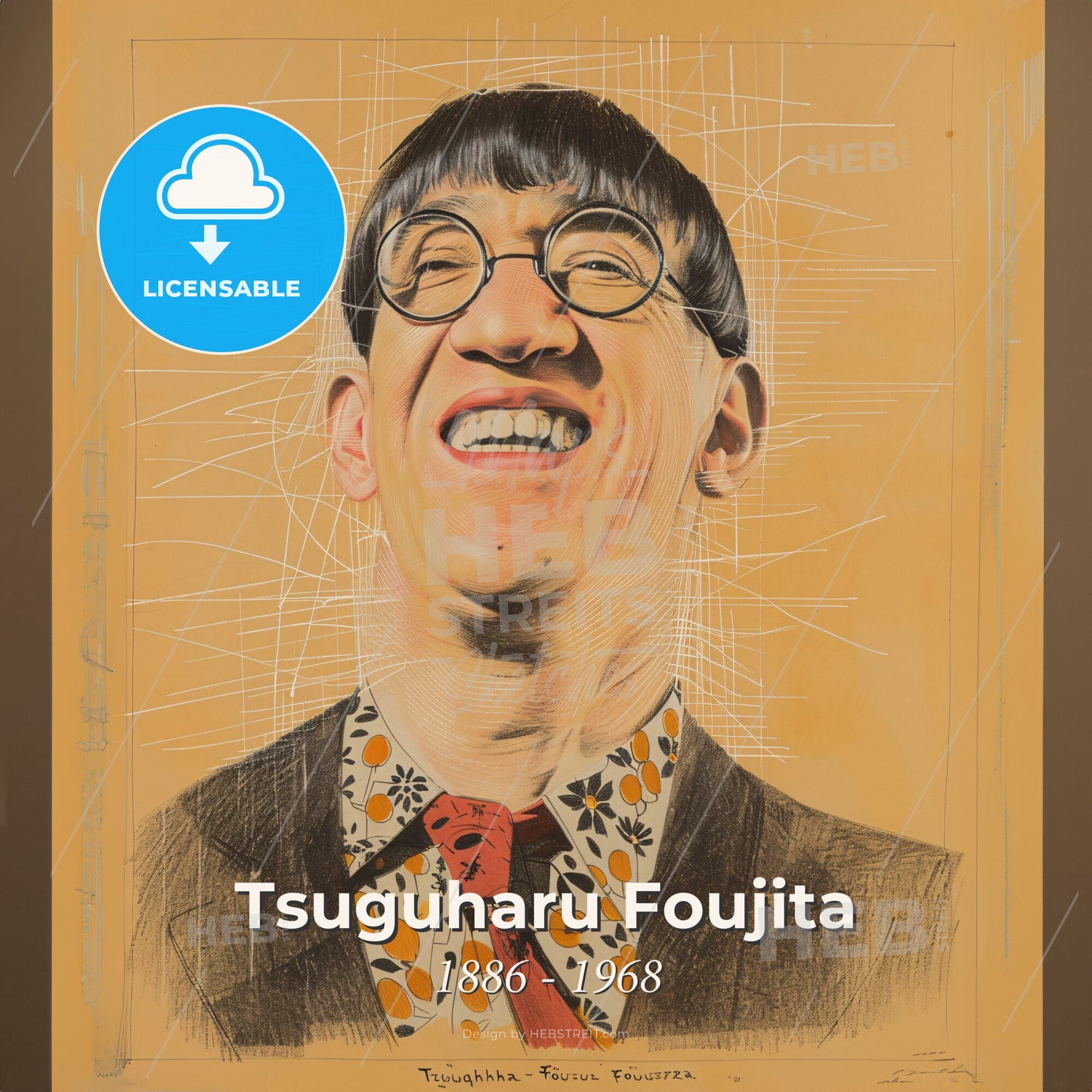 Tsuguharu Foujita, 1886 - 1968, Japanese-French painter - A Man With Glasses Smiling Print Template