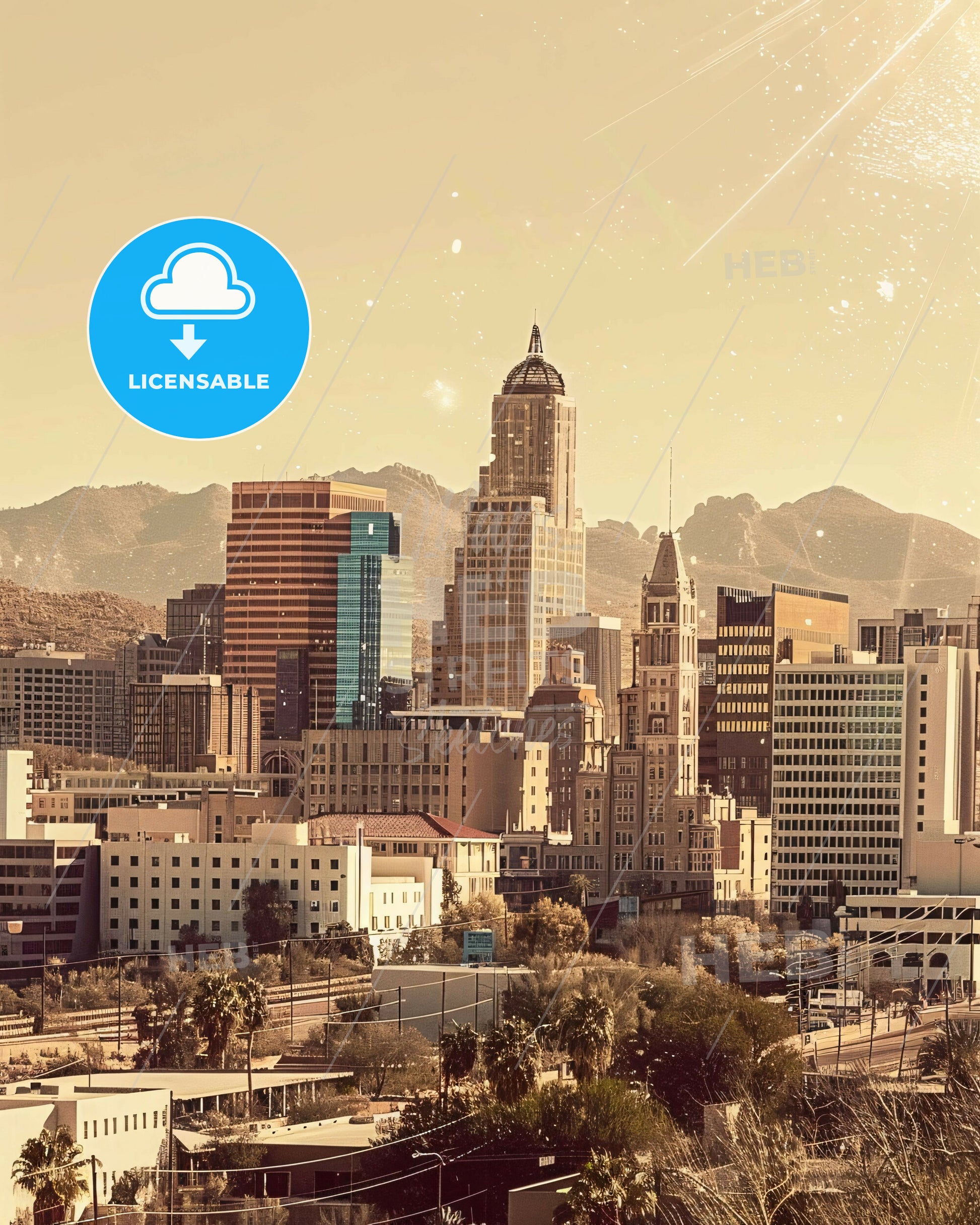 Tucson City Skyline Double Exposure Poster Art - A city with many tall buildings and mountains in the background