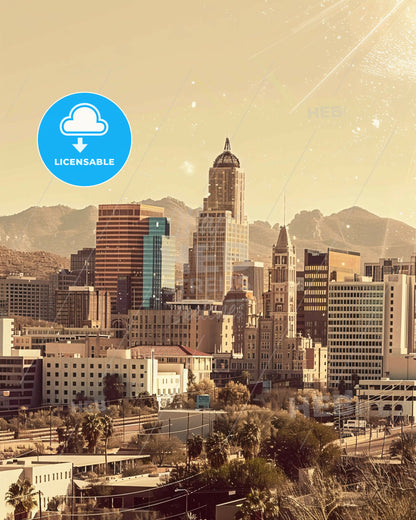 Tucson City Skyline Double Exposure Poster Art - A city with many tall buildings and mountains in the background