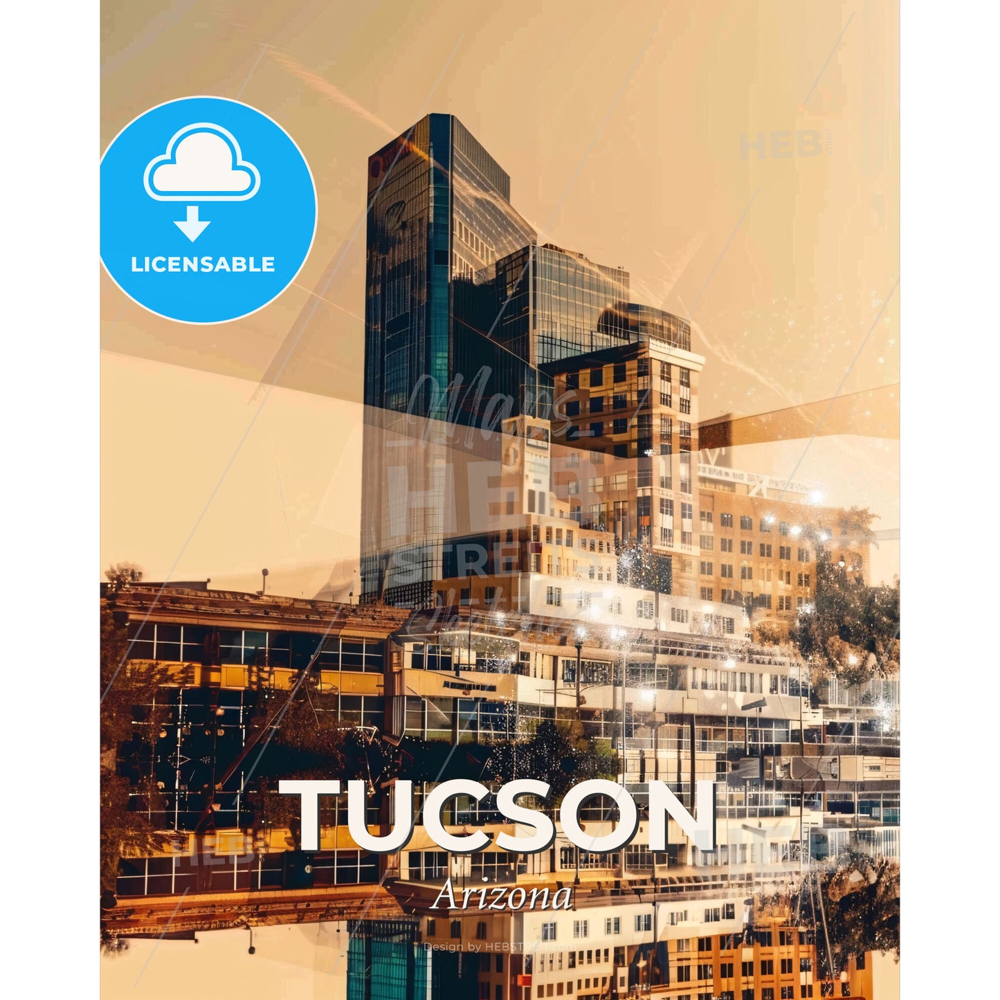 Tucson City Icons Silhouette Art Poster - A city skyline with many buildings - Square format print template