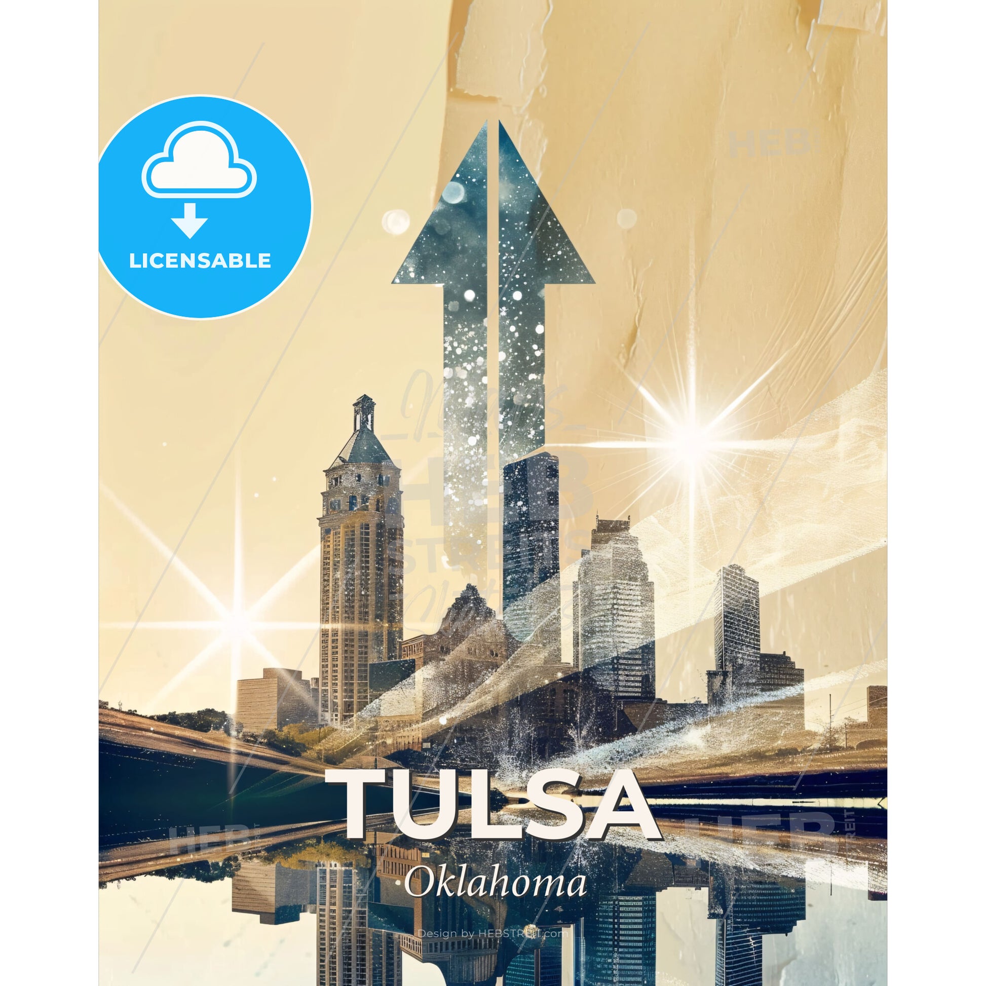 Tulsa Oklahoma: City Lights City Icons - A city with a river and a large building - Square format print template