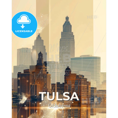 Tulsa Skyline Cityscape Glowing Beige - A city skyline with many tall buildings - Square format print template