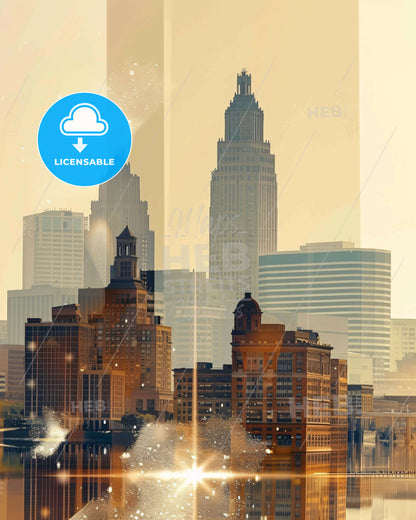 Tulsa Skyline Cityscape Glowing Beige - A city skyline with many tall buildings