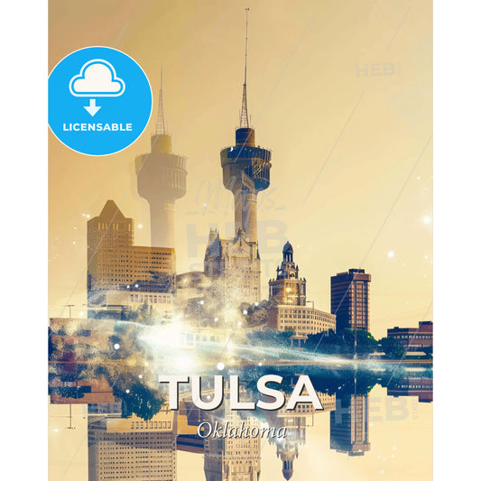 Tulsa Skyline Poster: Beige Brights and Local Sparkles - A city skyline with a reflection of water - Square format print template