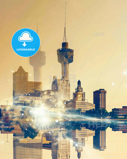 Tulsa Skyline Poster: Beige Brights and Local Sparkles - A city skyline with a reflection of water