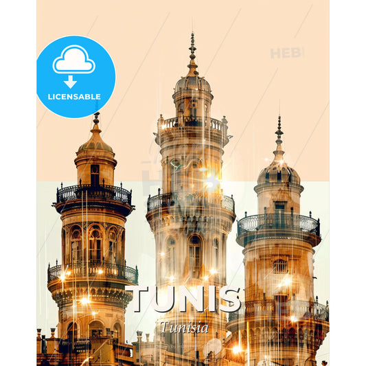 Tunis Skyline Minimalist Double Exposure Poster - A group of tall buildings with towers with St. Michael's Golden-Domed Monastery in the background - Square format print template