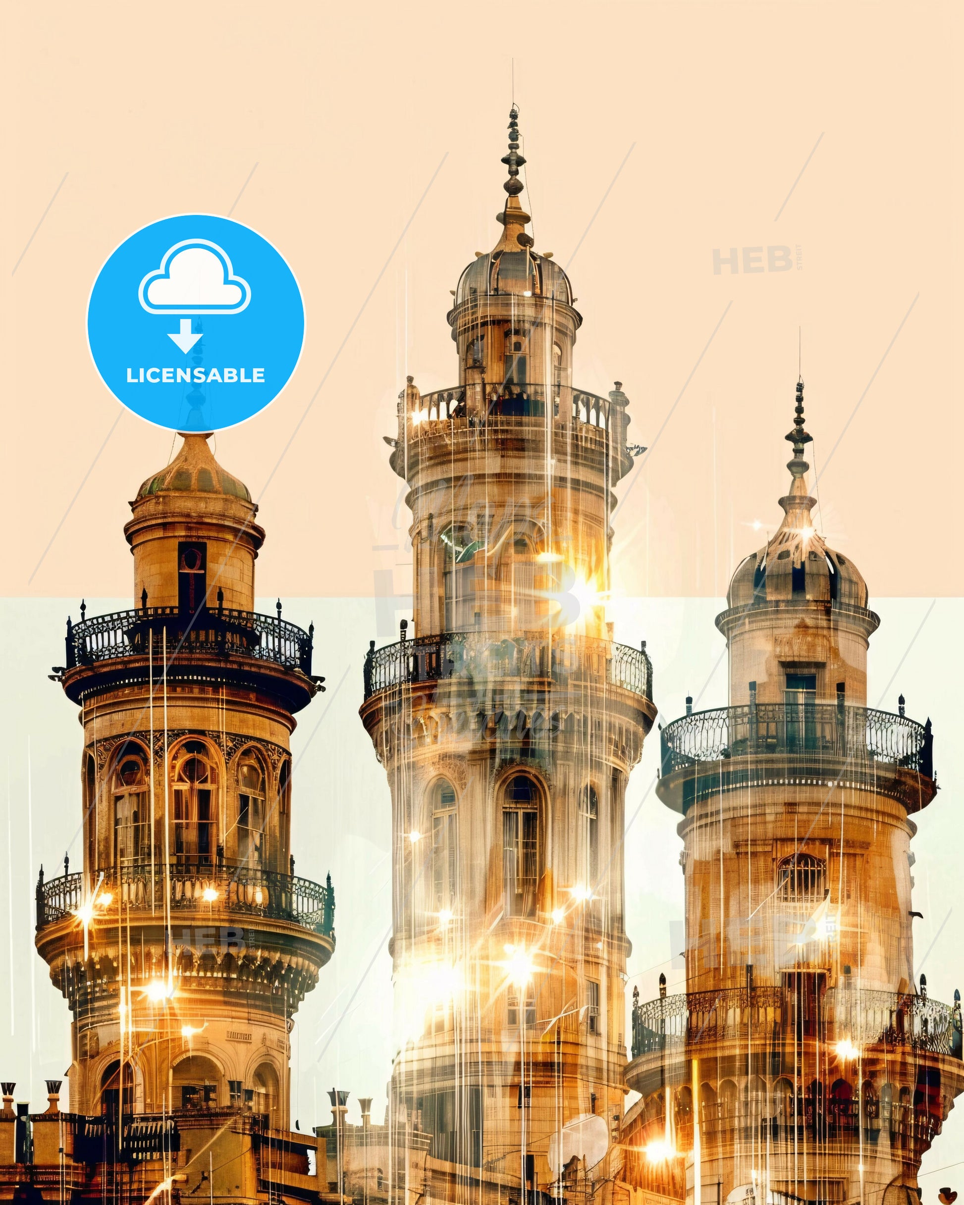 Tunis Skyline Minimalist Double Exposure Poster - A group of tall buildings with towers with St. Michael's Golden-Domed Monastery in the background