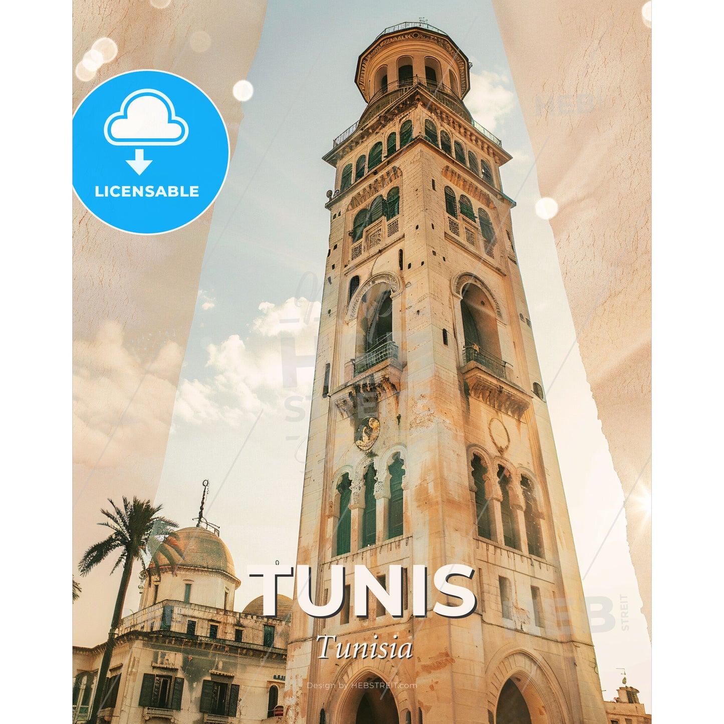 Tunis Skyline Double Exposure Art Poster - A tall tower with a domed roof - Square format print template