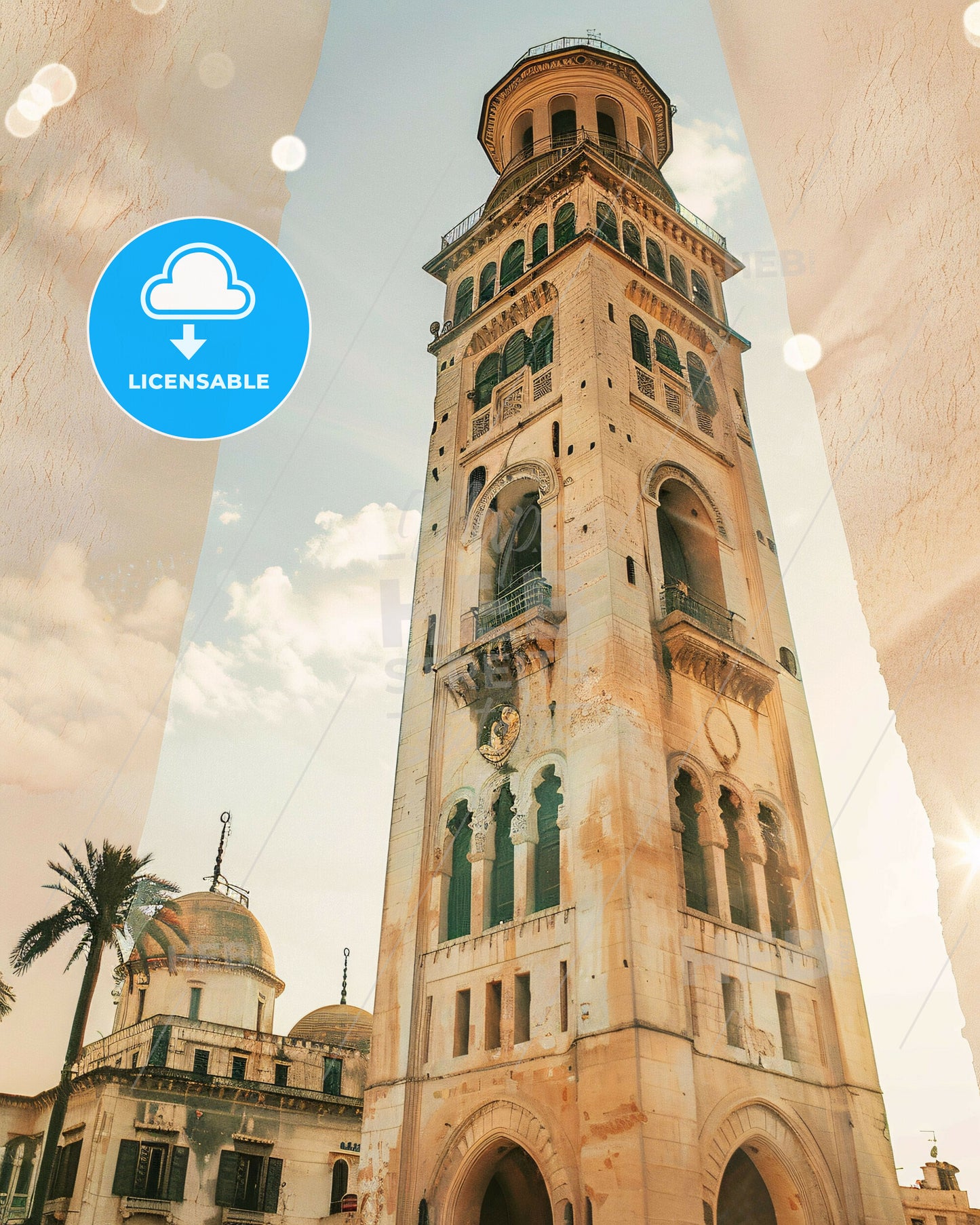 Tunis Skyline Double Exposure Art Poster - A tall tower with a domed roof
