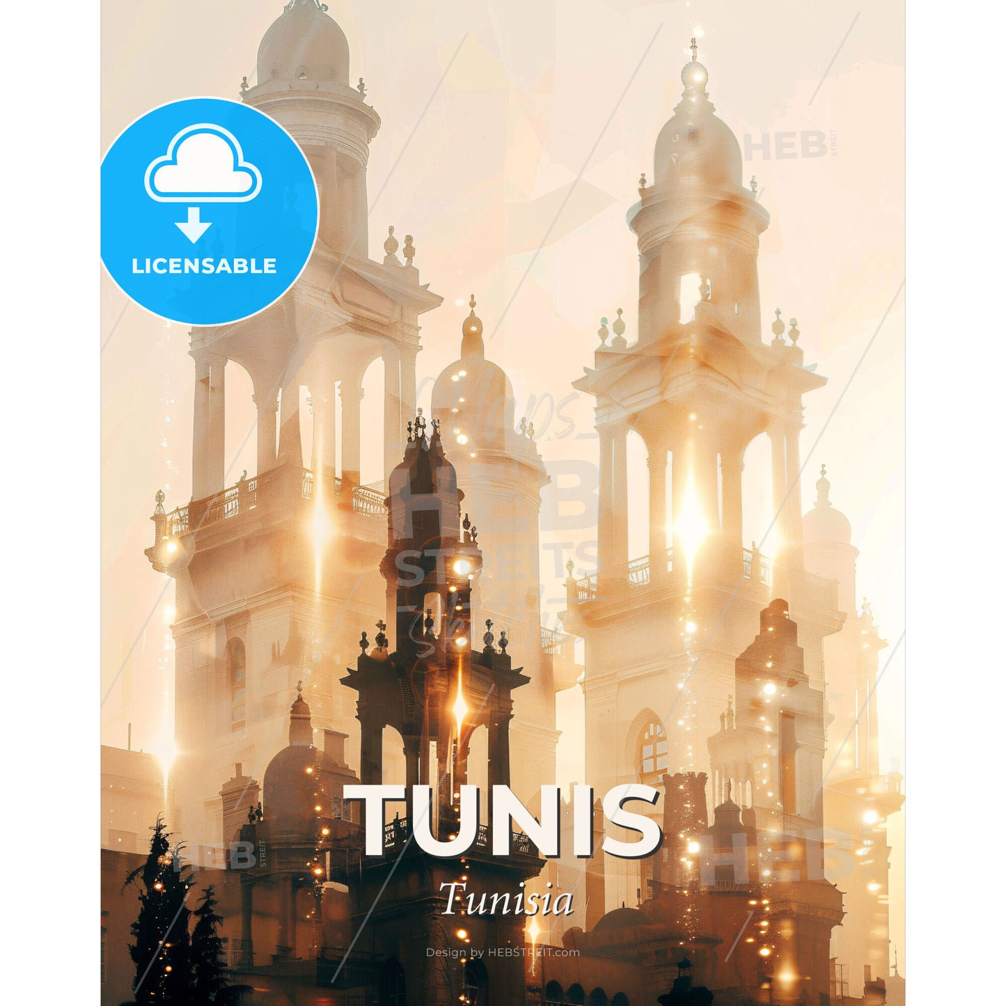 Tunis, Tunisia - Double Exposure Skyline Art - A large building with towers and a light behind it with St. George Utah Temple in the background - Square format print template