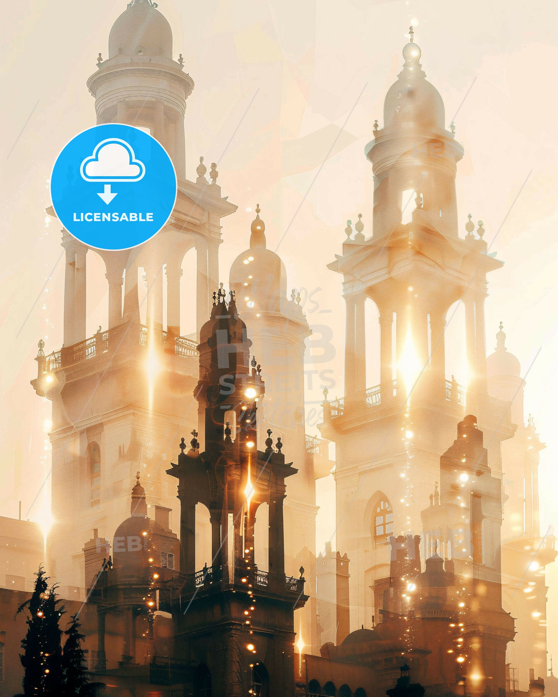 Tunis, Tunisia - Double Exposure Skyline Art - A large building with towers and a light behind it with St. George Utah Temple in the background