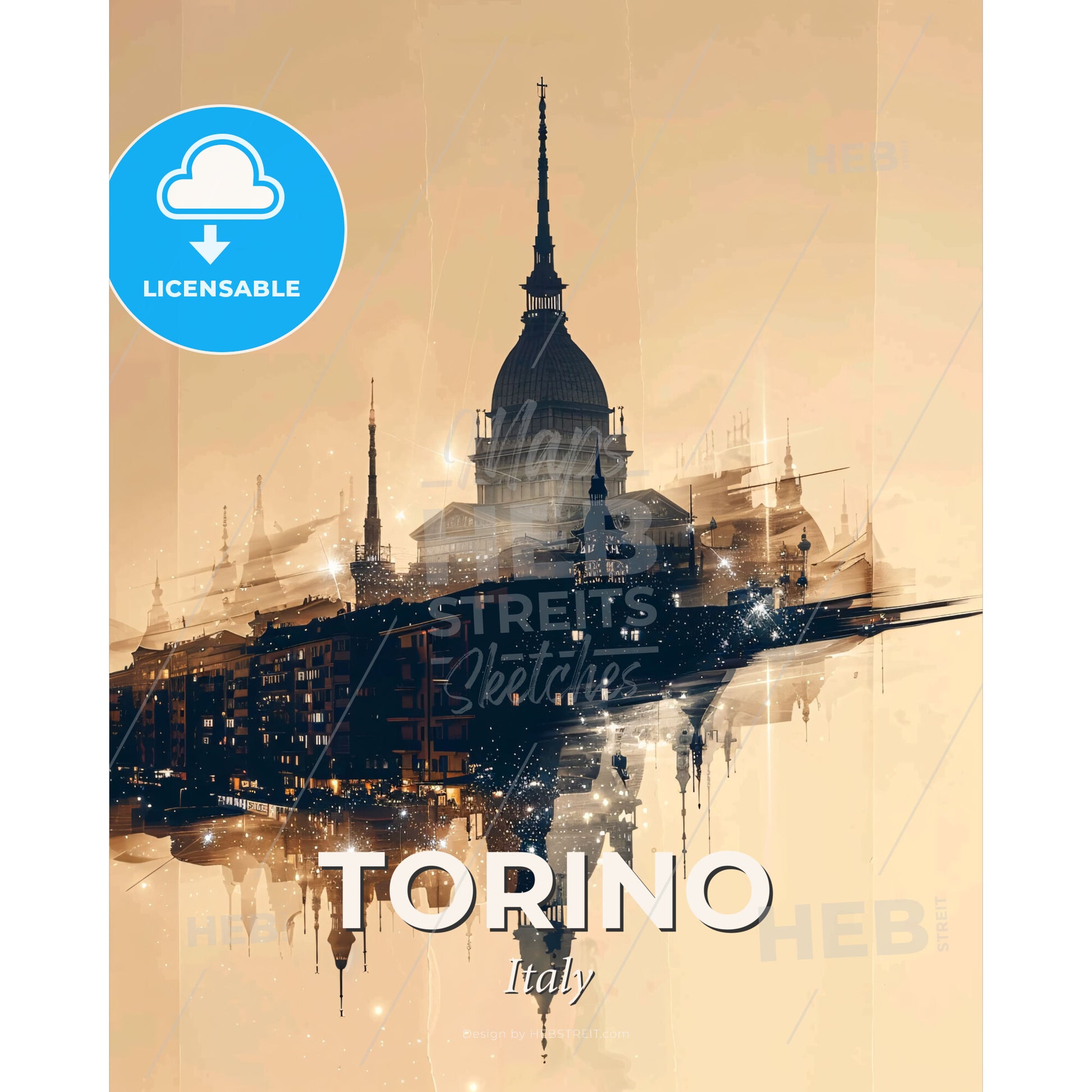 Turin Italy Cityscape Silhouette Art Poster - A city skyline with a tower and buildings - Square format print template