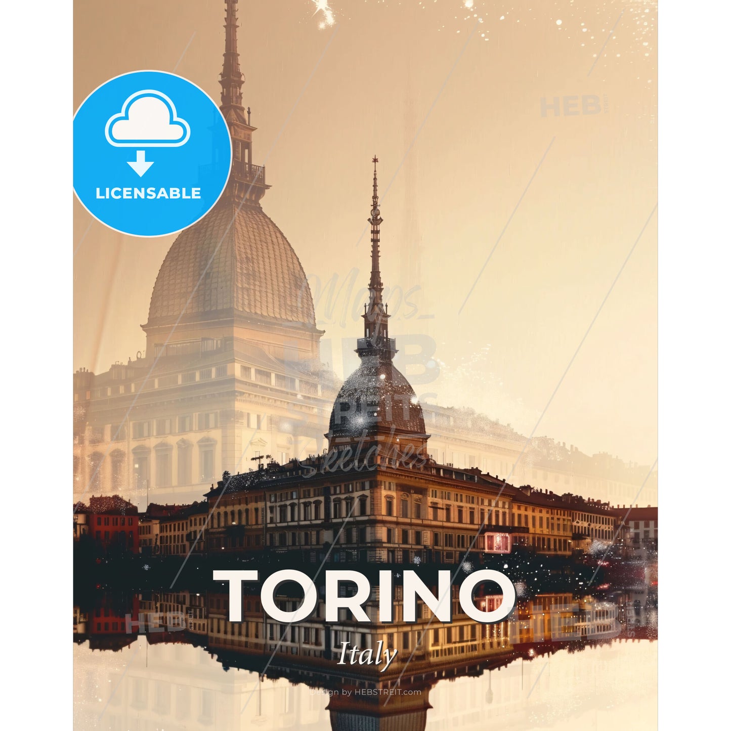 Turin City Skyline Surrealism Composite Poster Design - A building with a dome and a building with a tower - Square format print template