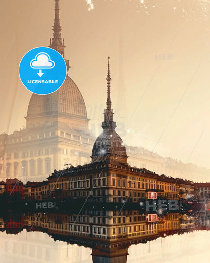 Turin City Skyline Surrealism Composite Poster Design - A building with a dome and a building with a tower