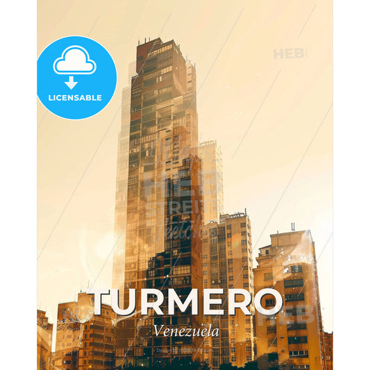 Turmero Cityscape: Double Exposure Art Skyline Poster - A tall building with many windows - Square format print template