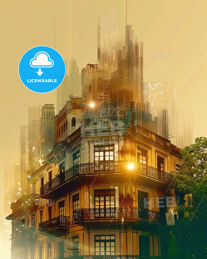 Turmero Skyline Double Exposure Composite Art Poster - A building with a city in the background