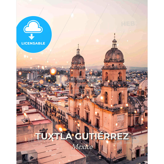 Tuxtla GutiÃ©rrez Skyline Architectural Composite Art - A large building with towers and a city in the background - Square format print template