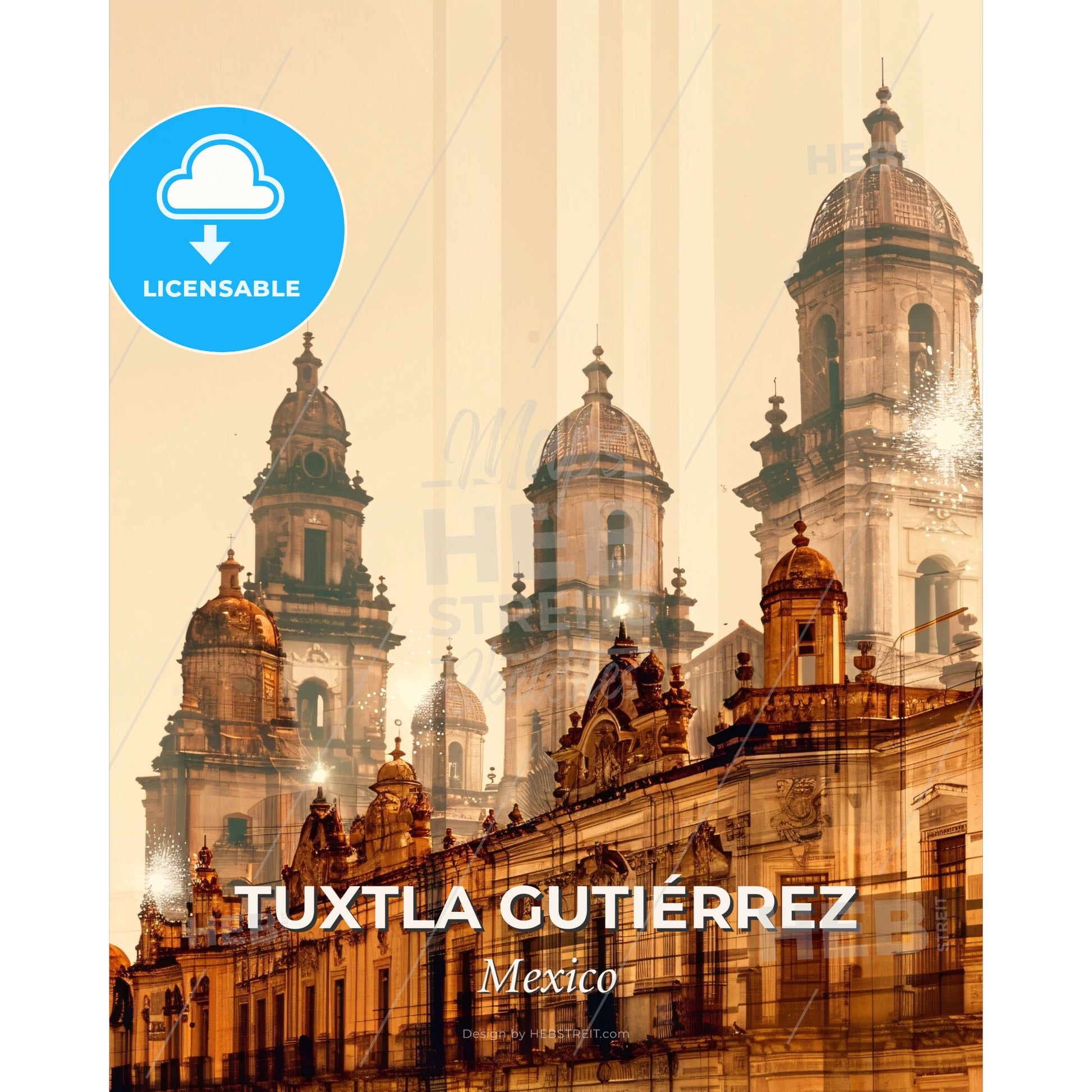 Tuxtla Gutierrez Skyline Architectural Mosaic - A building with towers and a light in the background - Square format print template