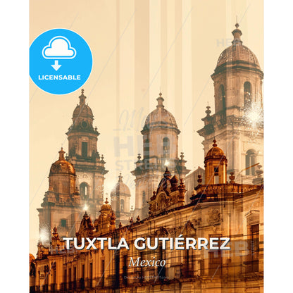 Tuxtla Gutierrez Skyline Architectural Mosaic - A building with towers and a light in the background - Square format print template