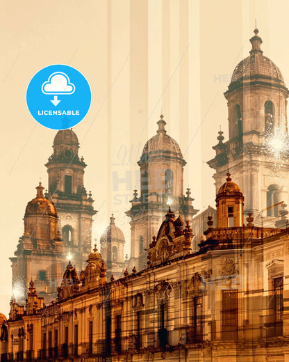 Tuxtla Gutierrez Skyline Architectural Mosaic - A building with towers and a light in the background