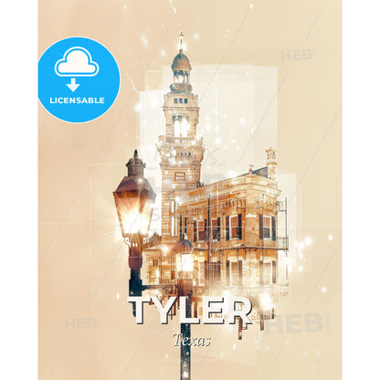 Tyler City Skyline Double Exposure Poster - A building with a lamp post and a tower - Square format print template