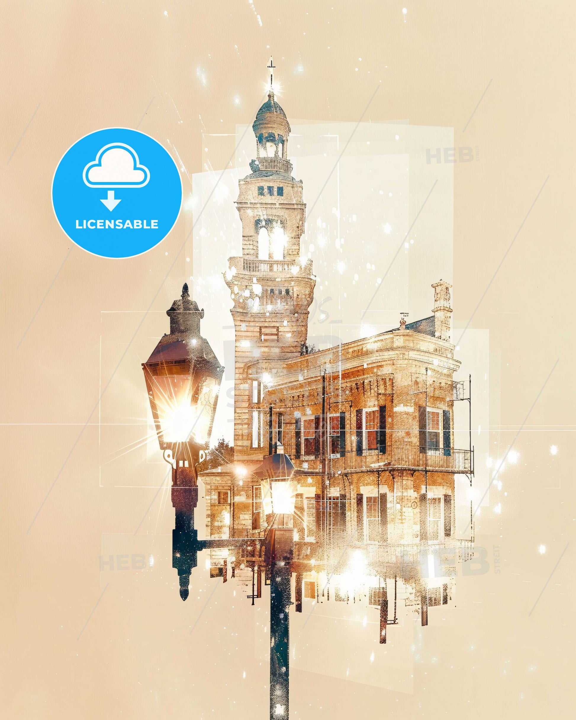 Tyler City Skyline Double Exposure Poster - A building with a lamp post and a tower