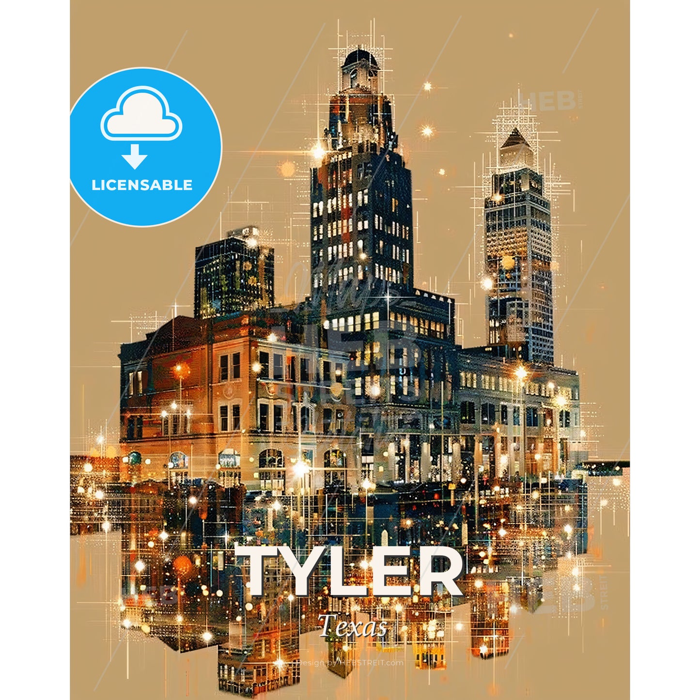 Tyler City Skyline Composite Art Poster - A city skyline with many buildings reflecting in water - Square format print template