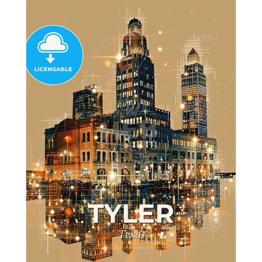 Tyler City Skyline Composite Art Poster - A city skyline with many buildings reflecting in water - Square format print template