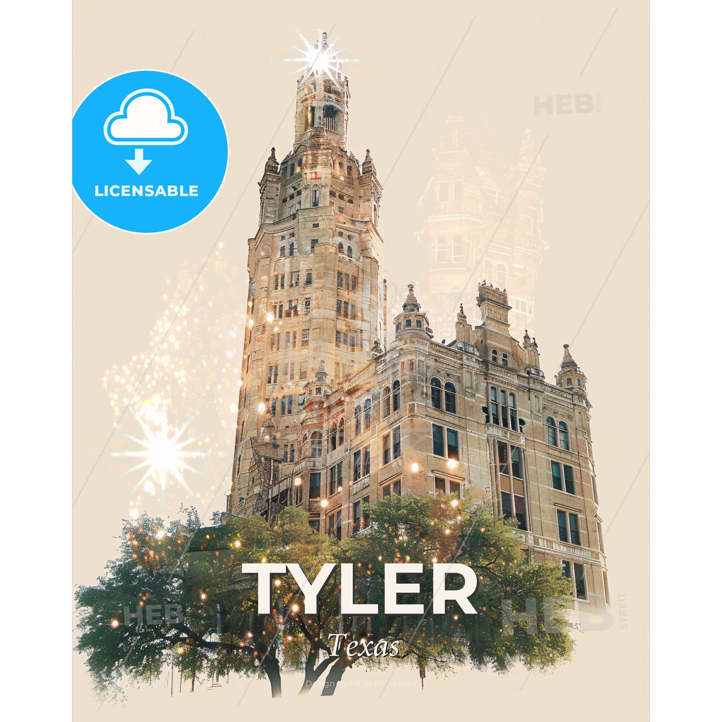 Tyler, Texas: City Skyline Art with Sparkle - A building with a tower and trees - Square format print template