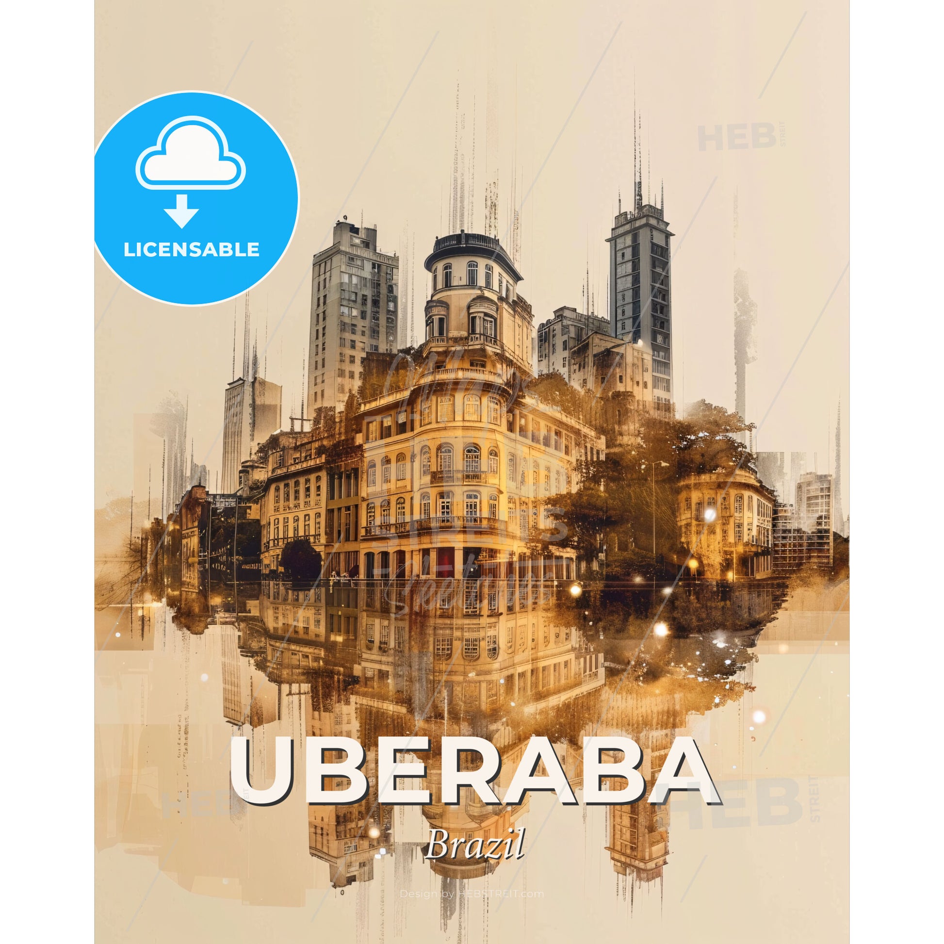 Uberaba Skyline Double Exposure Cityscape Poster - A city with buildings and trees reflected in water - Square format print template