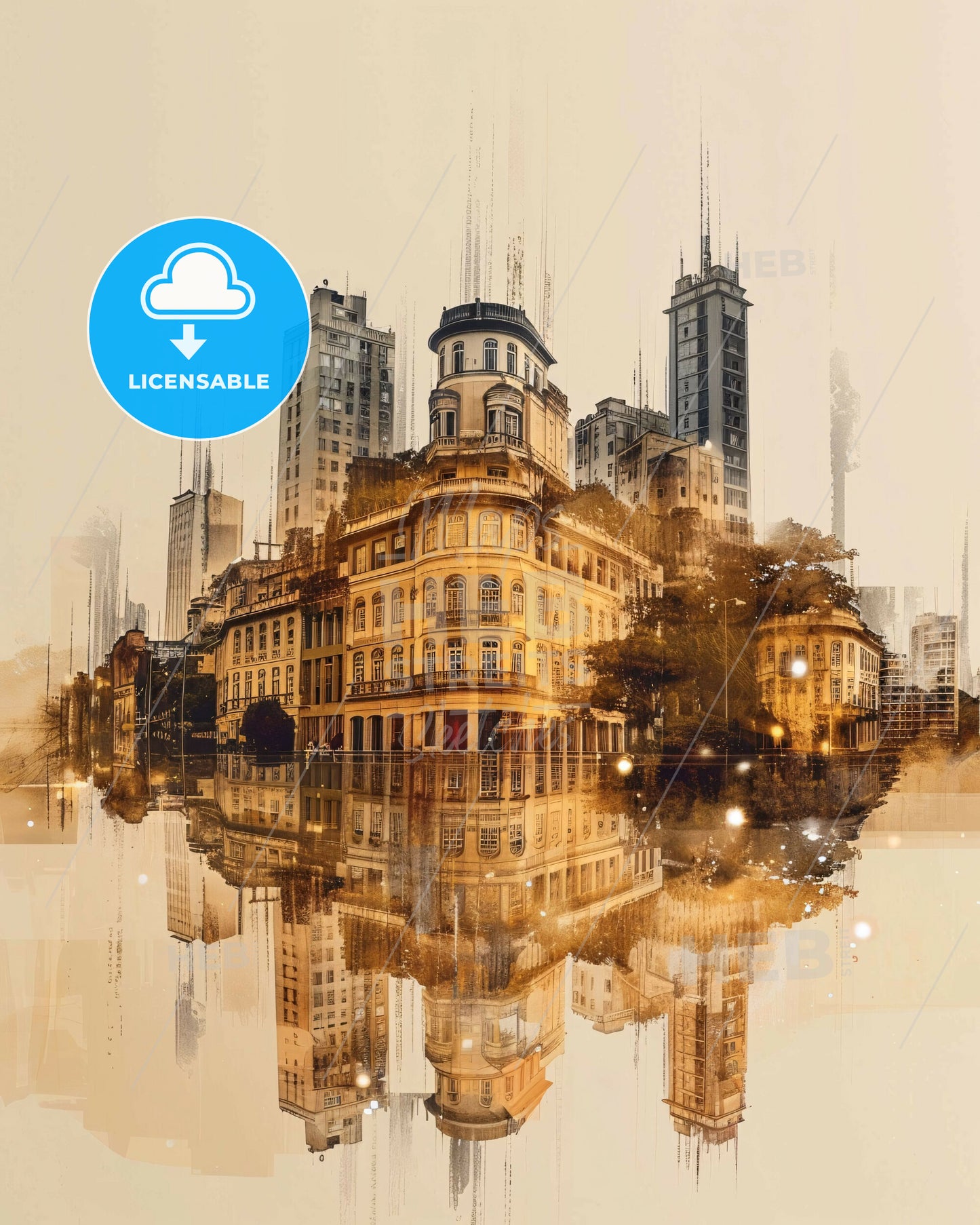 Uberaba Skyline Double Exposure Cityscape Poster - A city with buildings and trees reflected in water