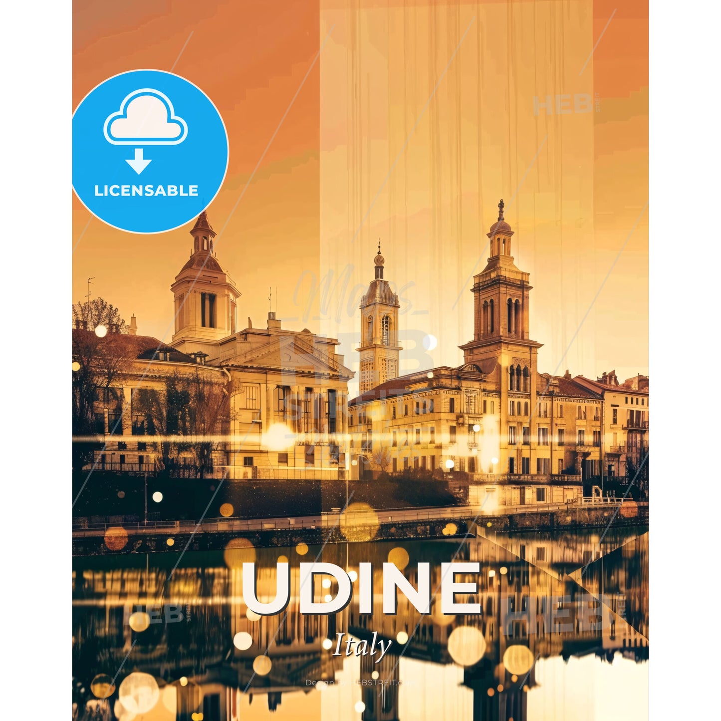 Udine City Art Decor Limited Edition - A group of buildings with towers and trees - Square format print template