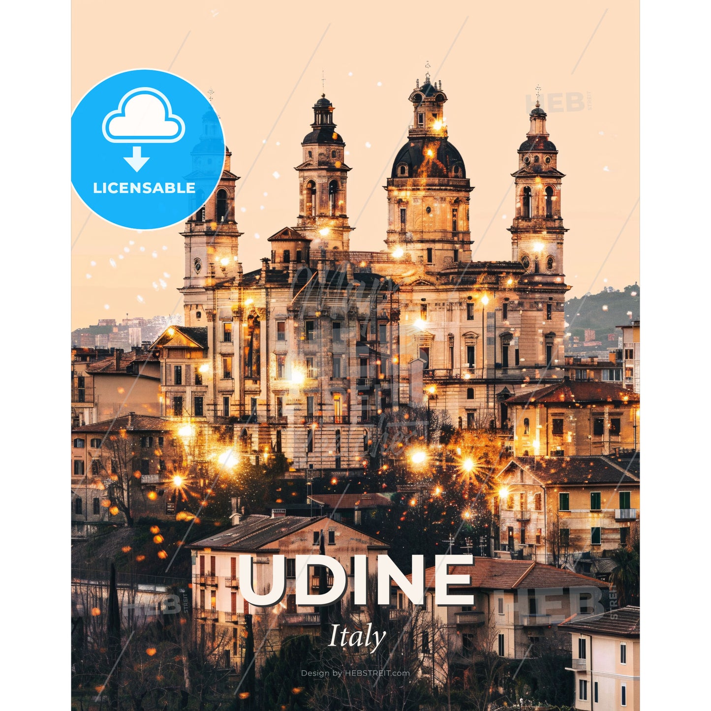 Udine City Skyline Architecture Art Print Poster Beige - A large building with many towers and lights - Square format print template