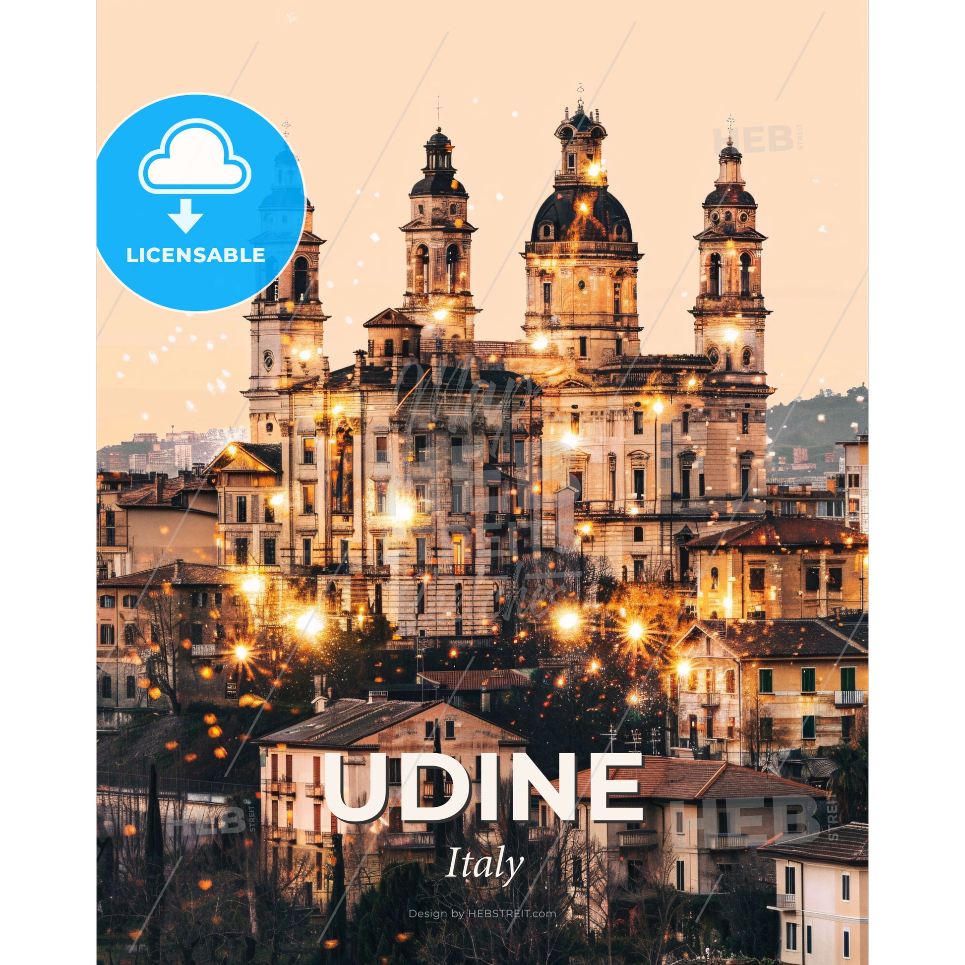 Udine City Skyline Architecture Art Print Poster Beige - A large building with many towers and lights - Square format print template