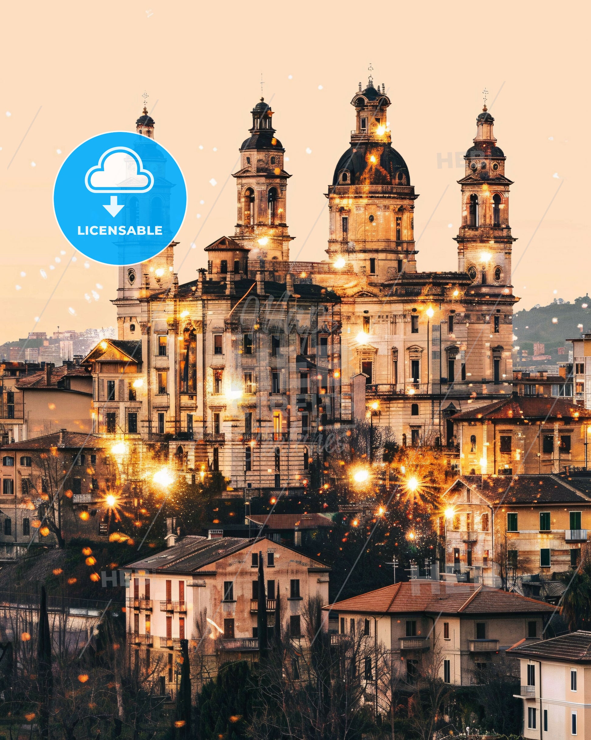 Udine City Skyline Architecture Art Print Poster Beige - A large building with many towers and lights